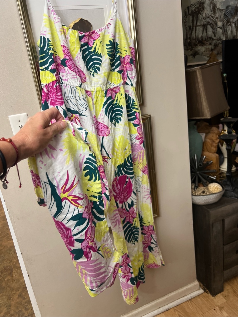 Nicole Miller White Jumpsuit with Pink & Green Tropical Print - Picture 6 of 9